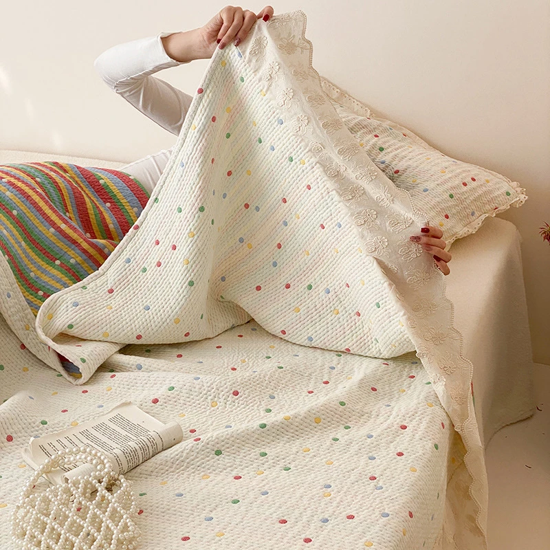 新款韩式全棉纯棉纱布色织提花床盖卡通可爱花边柔软花边厚床单