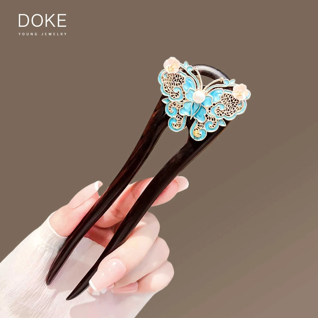 双面复古蝴蝶U型发钗女高档檀木发簪新中式现代简约盘发簪子头饰