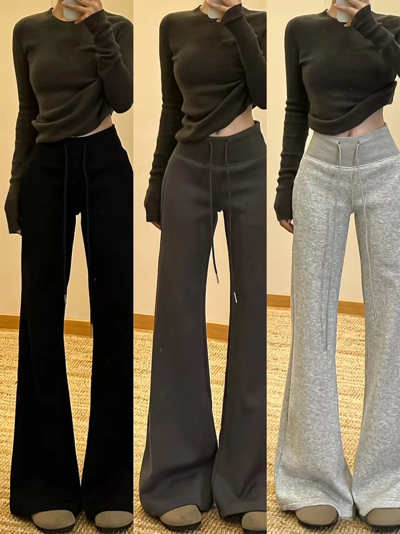 黑色美式微喇运动裤女秋冬2025新款高腰修身显瘦垂感加绒喇叭卫裤