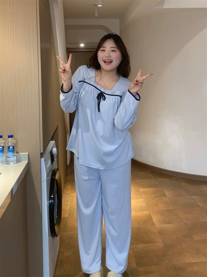 6607大码宽松厚款睡衣女秋冬季长袖套装ins韩简约方领家居服女