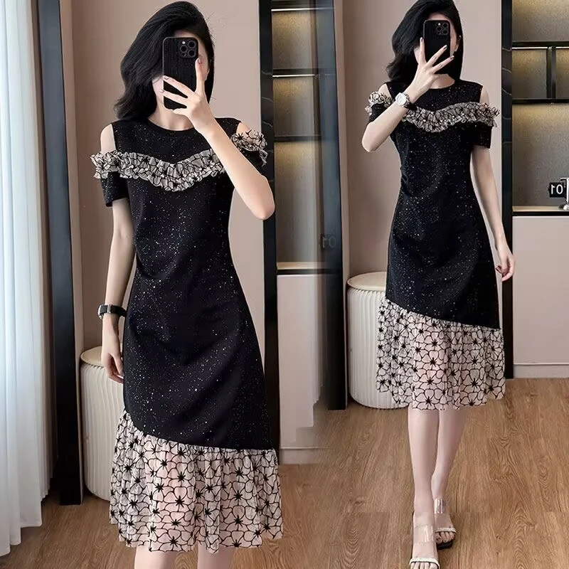 200斤微胖mm蕾丝连衣裙女士大码显瘦遮肉洋气质遮肉妈妈装a字裙子