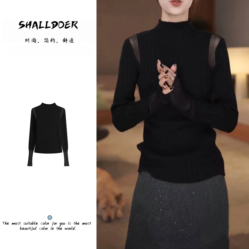 2025秋季新款混纺14针拼接欧根纱上衣时尚显瘦针织衫女