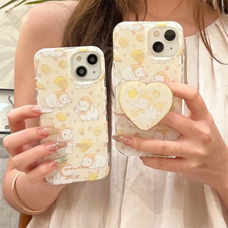 软萌柠檬兔子爱心支架适用iphone16Promax苹果15手机壳14双层13女