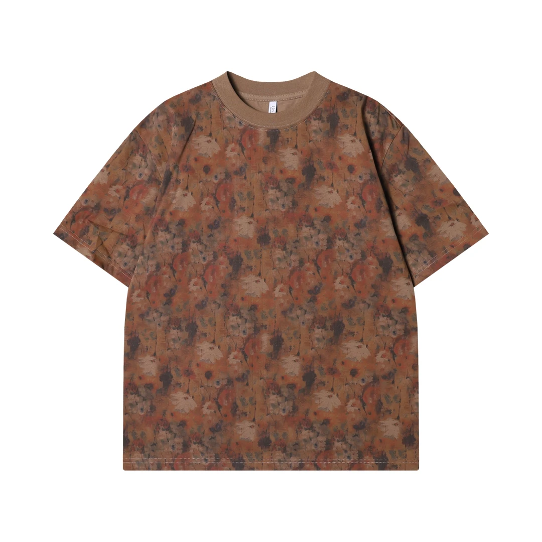 夏季高级感新款好像满印简约花卉短袖T恤晕染扎染套头百搭上衣