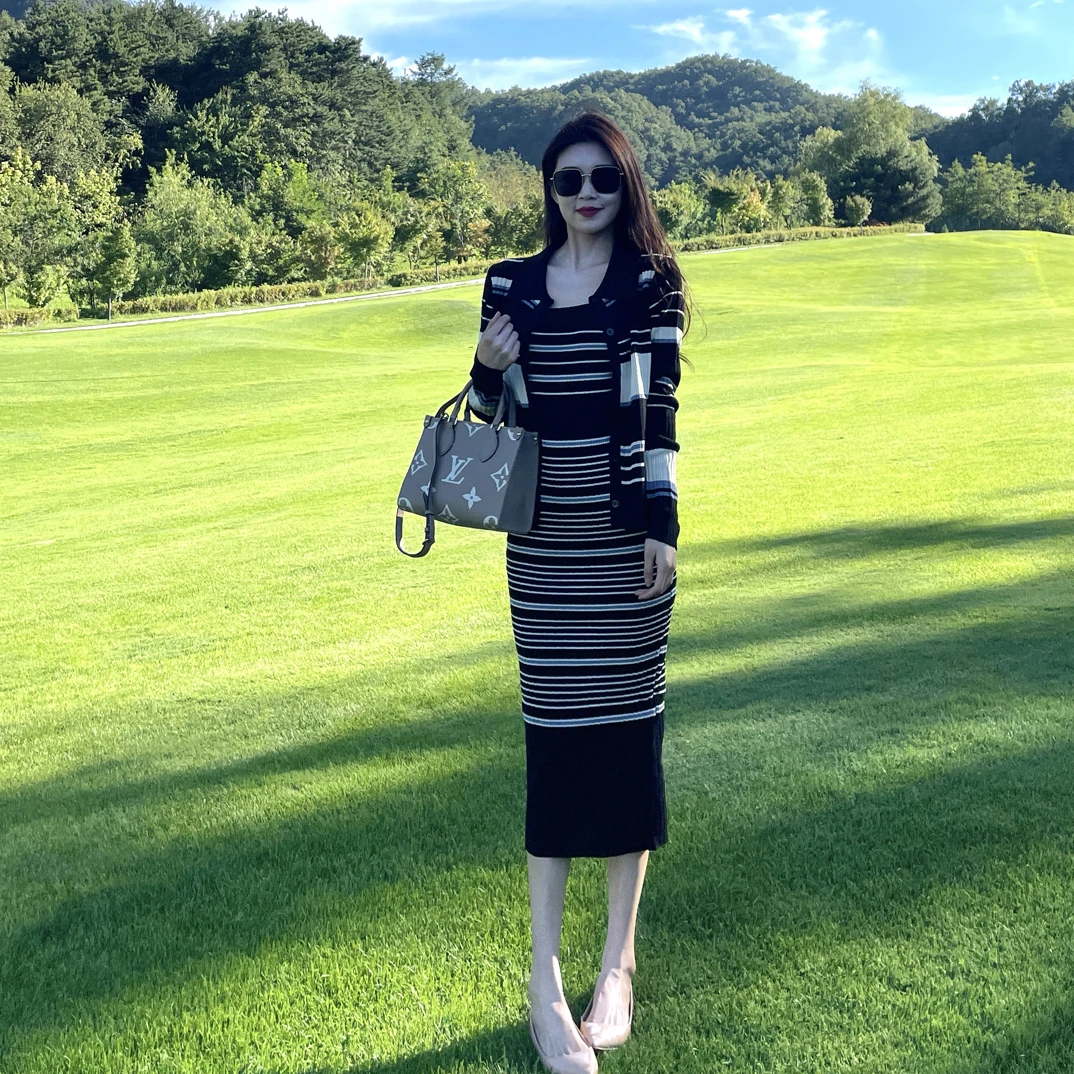 针织开衫长袖外套连衣裙两件套套装显瘦气质高腰时尚秋季小香风