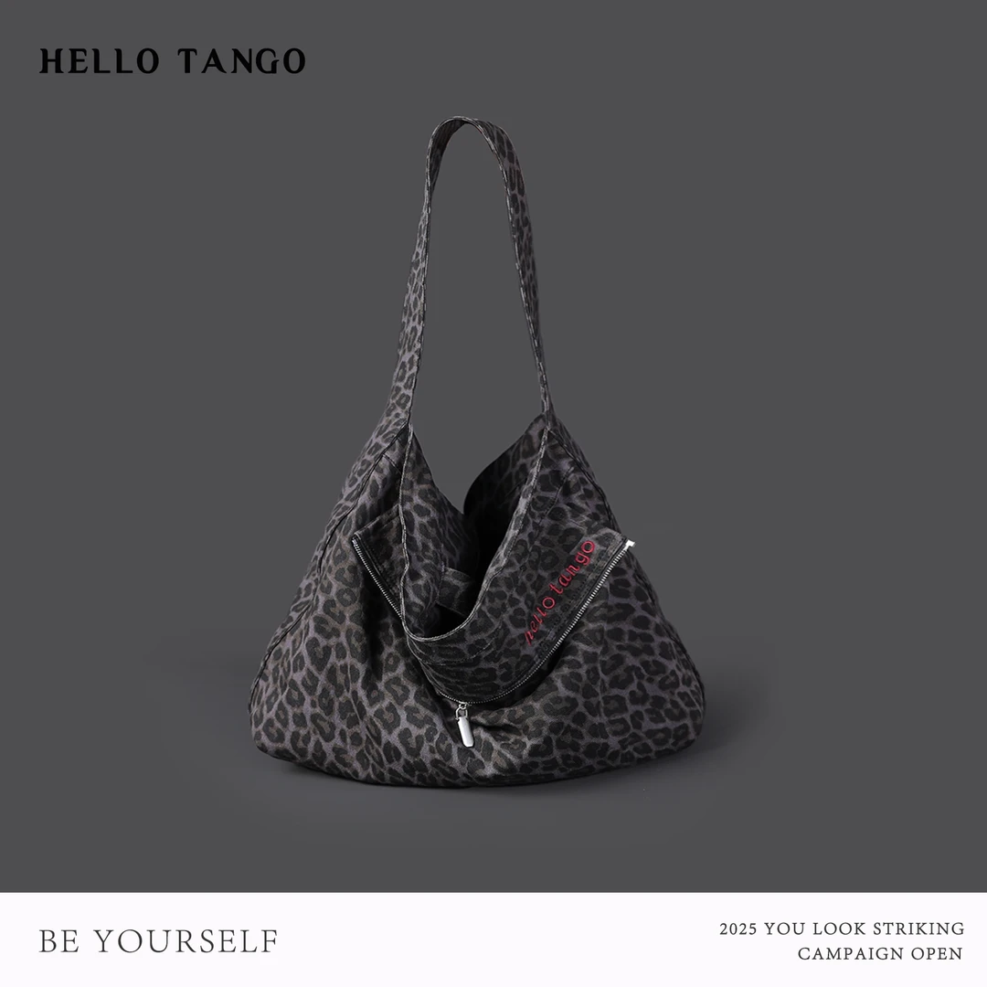 HELLOTANGO复古豹纹双面双排拉链设计单肩包