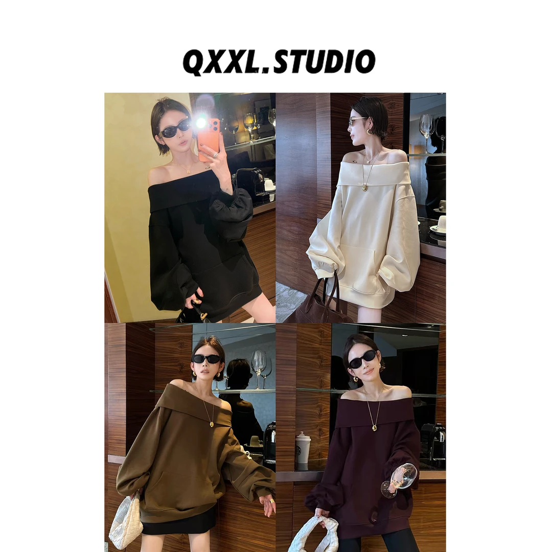 邱小小丽呀 秋季新款一字肩加厚卫衣女设计感百搭宽松休闲上衣