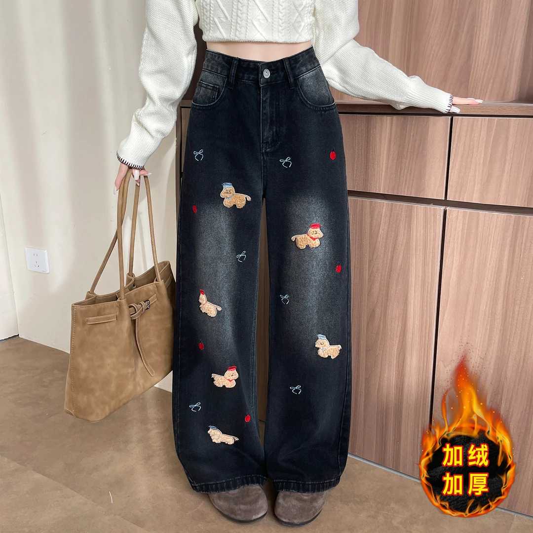 【全额运补小个子定制】秋冬卡通腊肠狗立体刺绣阔显高显瘦腿牛仔裤