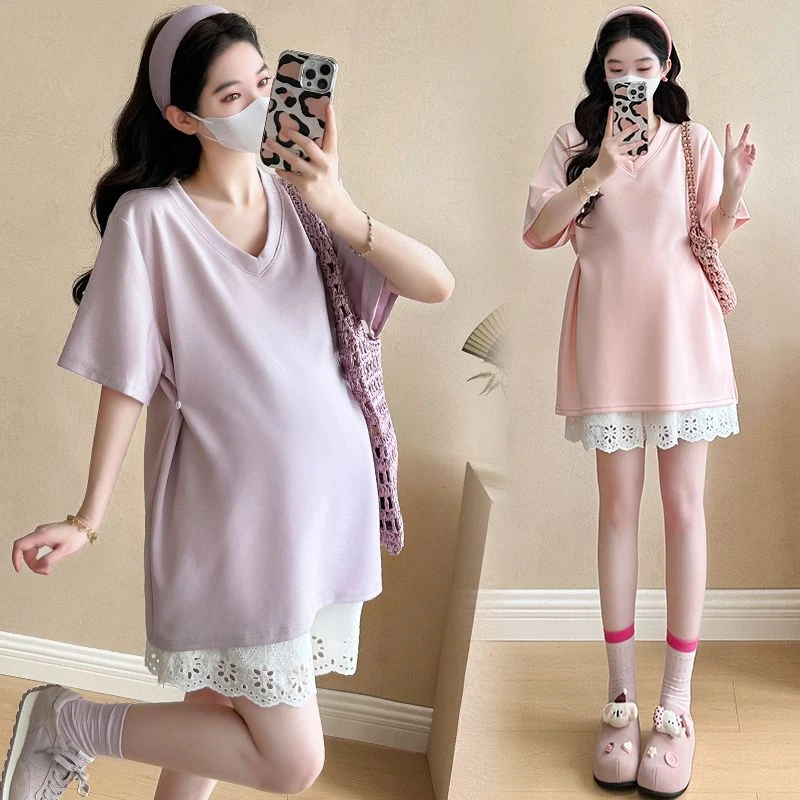 2025夏季新款孕妇装宽松休闲T恤搭配蕾丝抽绳短裤孕妇外穿高级感