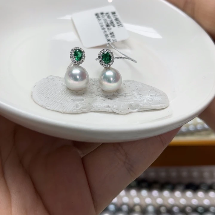 海水珍珠耳饰银S925镶嵌澳白8-9mm66号