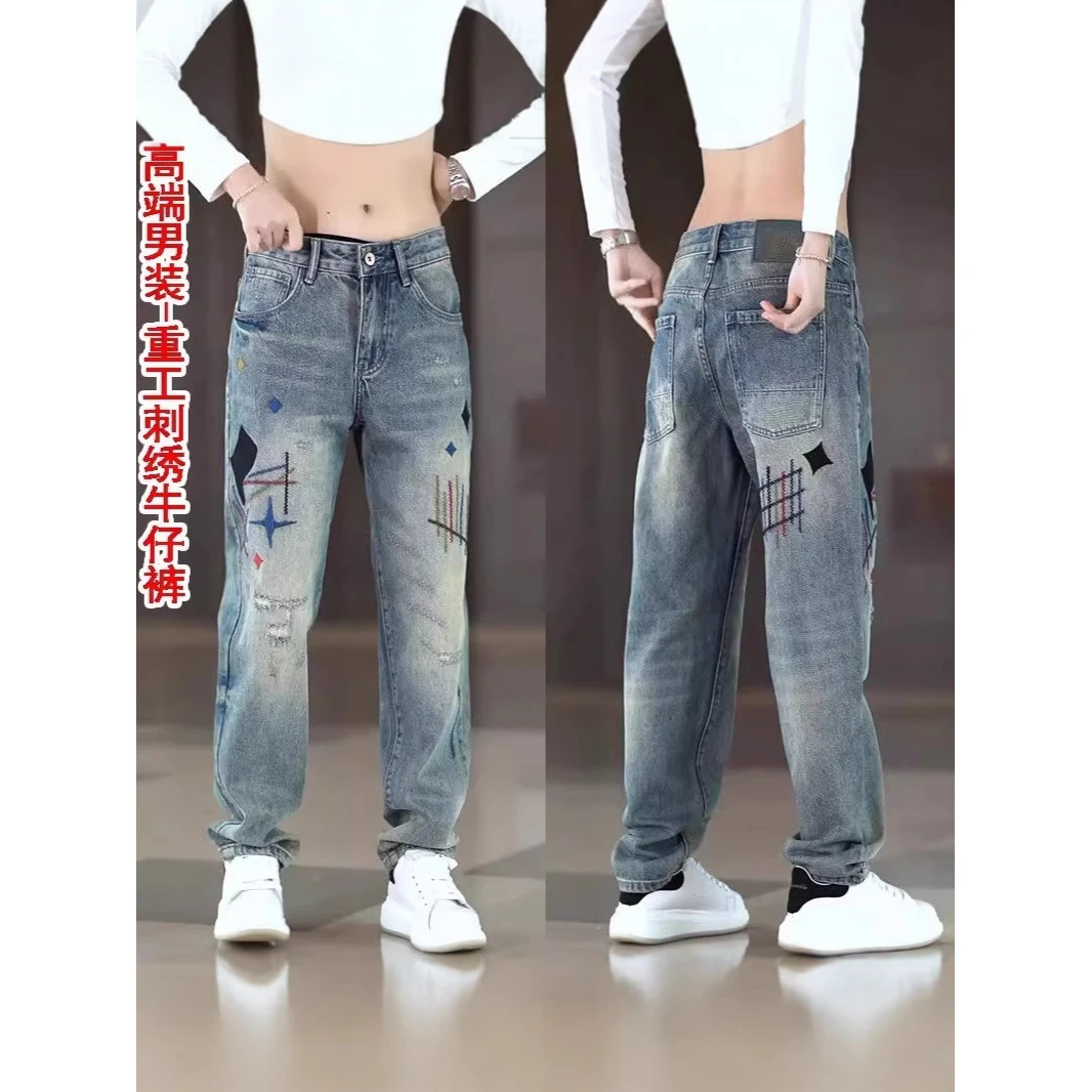 时尚破洞重工刺绣百搭潮流显瘦高腰弹力春夏男士直筒牛仔裤男夏季