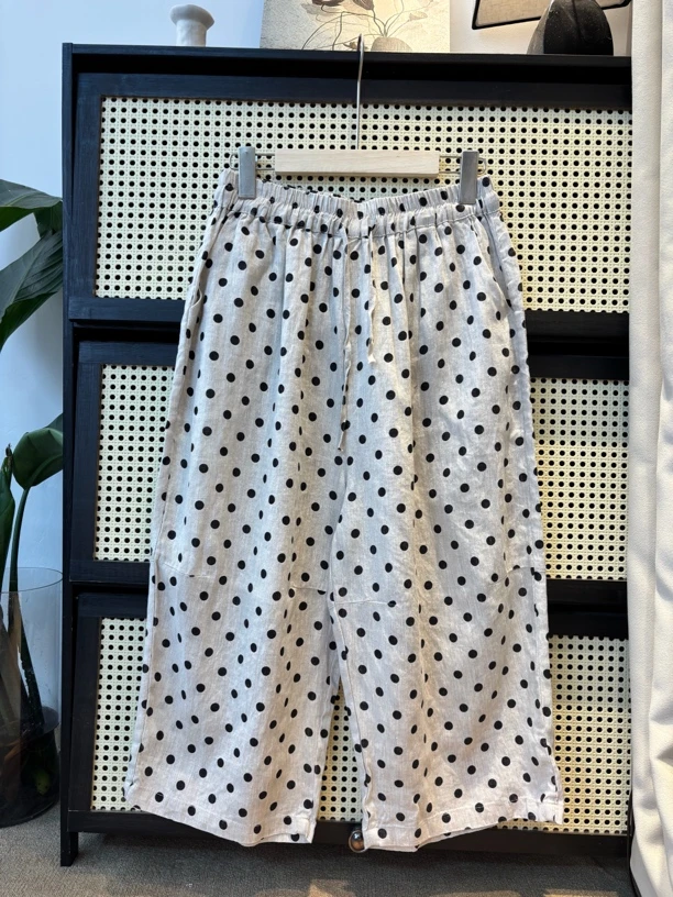 染禧夏季新款波点亚麻九分直筒女裤时尚百搭显瘦