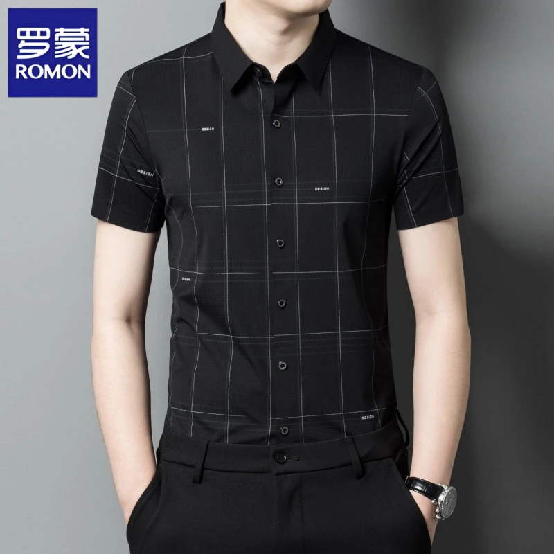 罗蒙无痕冰丝男士短袖衬衫夏季新款商务休闲格子衬衣中年翻领上衣