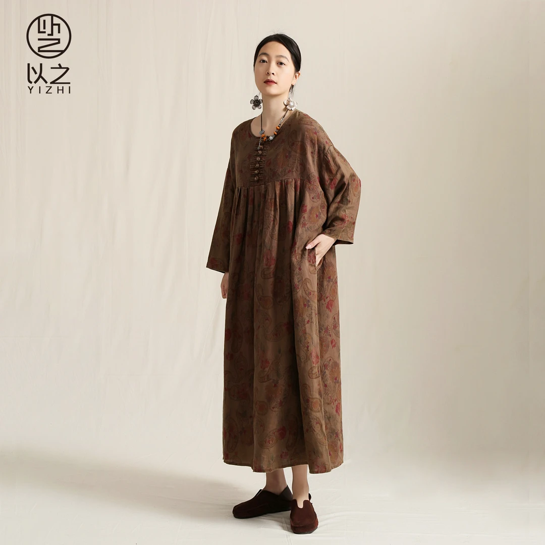 【以之】设计师品牌原创圆领大版亚麻袍子复古一字盘扣长款连衣裙女
