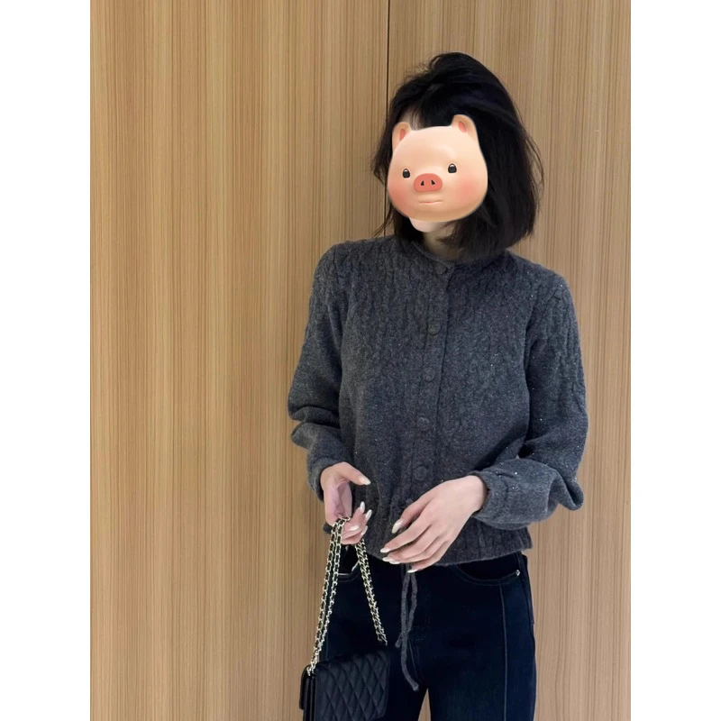法式复古灰色收腰抽绳毛衣女2025新款秋冬季加厚慵懒风针织衫上衣