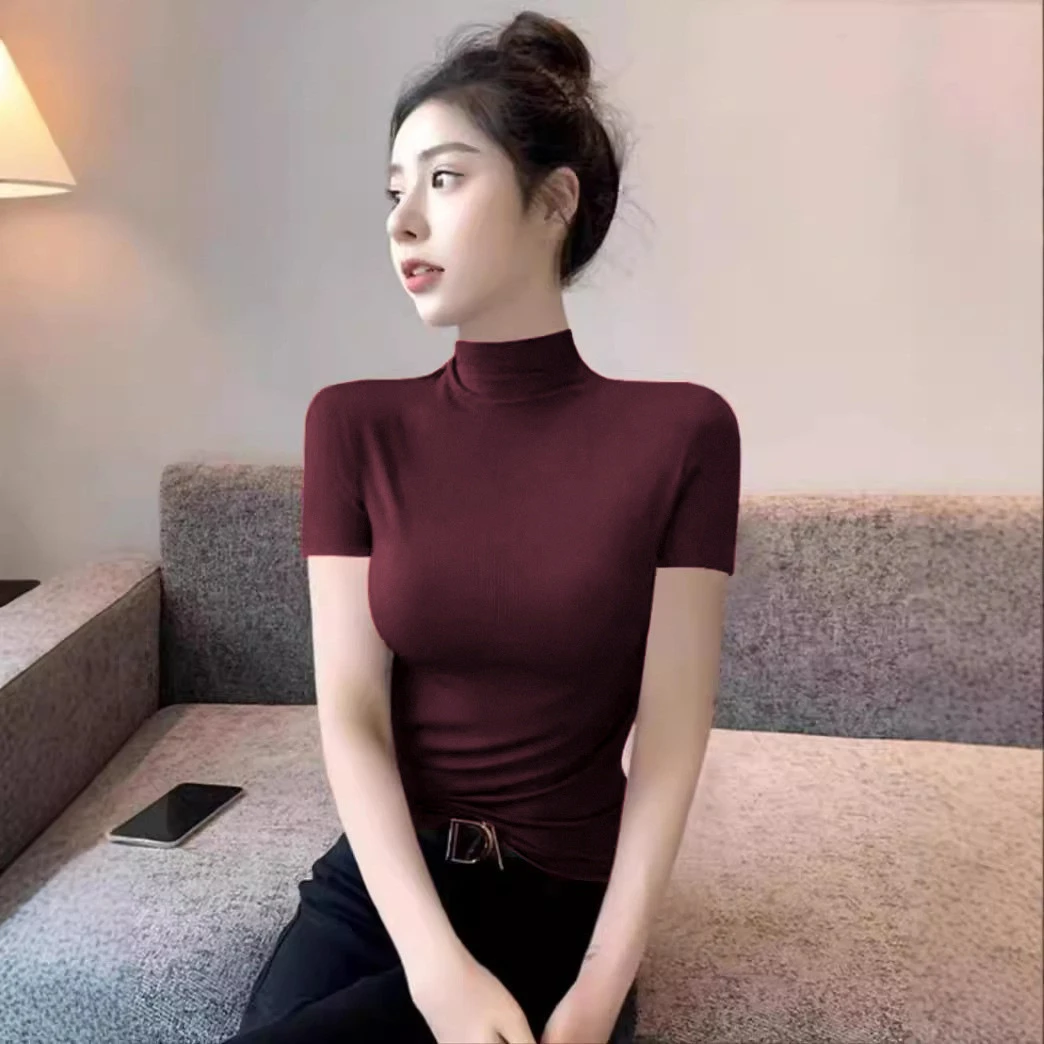 新款安可拉红半高领短袖t恤打底衫女内搭夏春秋 2024