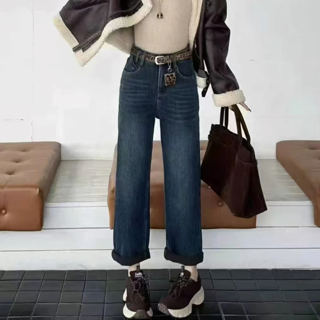 薇莎6951【现货】小个子可卷边加绒老爹裤配皮带