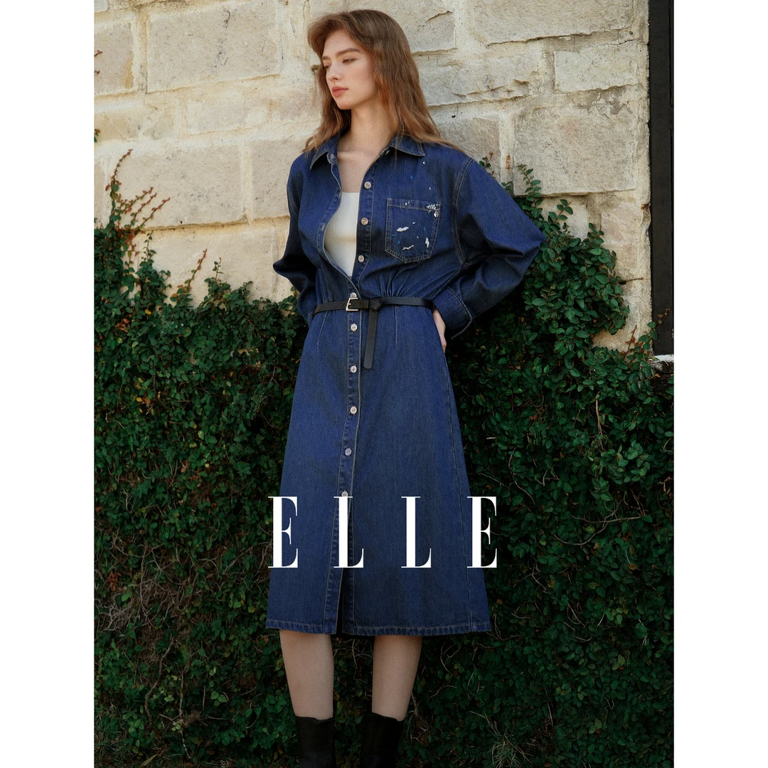 ELLE法式简约气质连衣裙2025春季新款巴恩风显瘦长袖复古EL50362