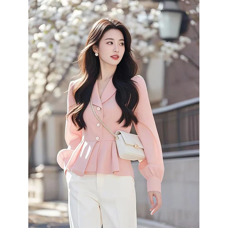 2025年新款法式气质小众独特别致风情万种的粉色长袖衬衫上衣女春