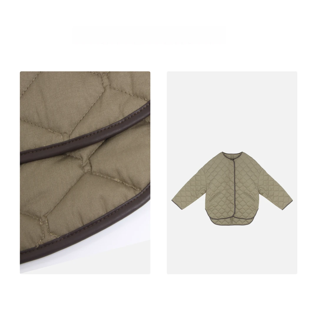 凯特丝蓓374#撞色时髦洋气军绿撞黑菱格拼皮棉服外套