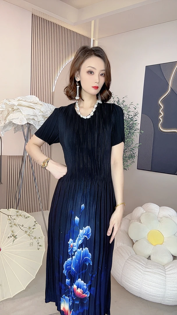 080号褶皱短袖印花百褶裙夏季连衣裙复古设计师欧若精灵风