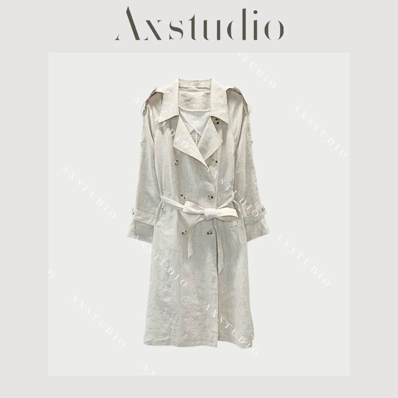 阿昕亮晶晶 高端线 100亚麻英伦风双排扣宽松长款风衣AX250212