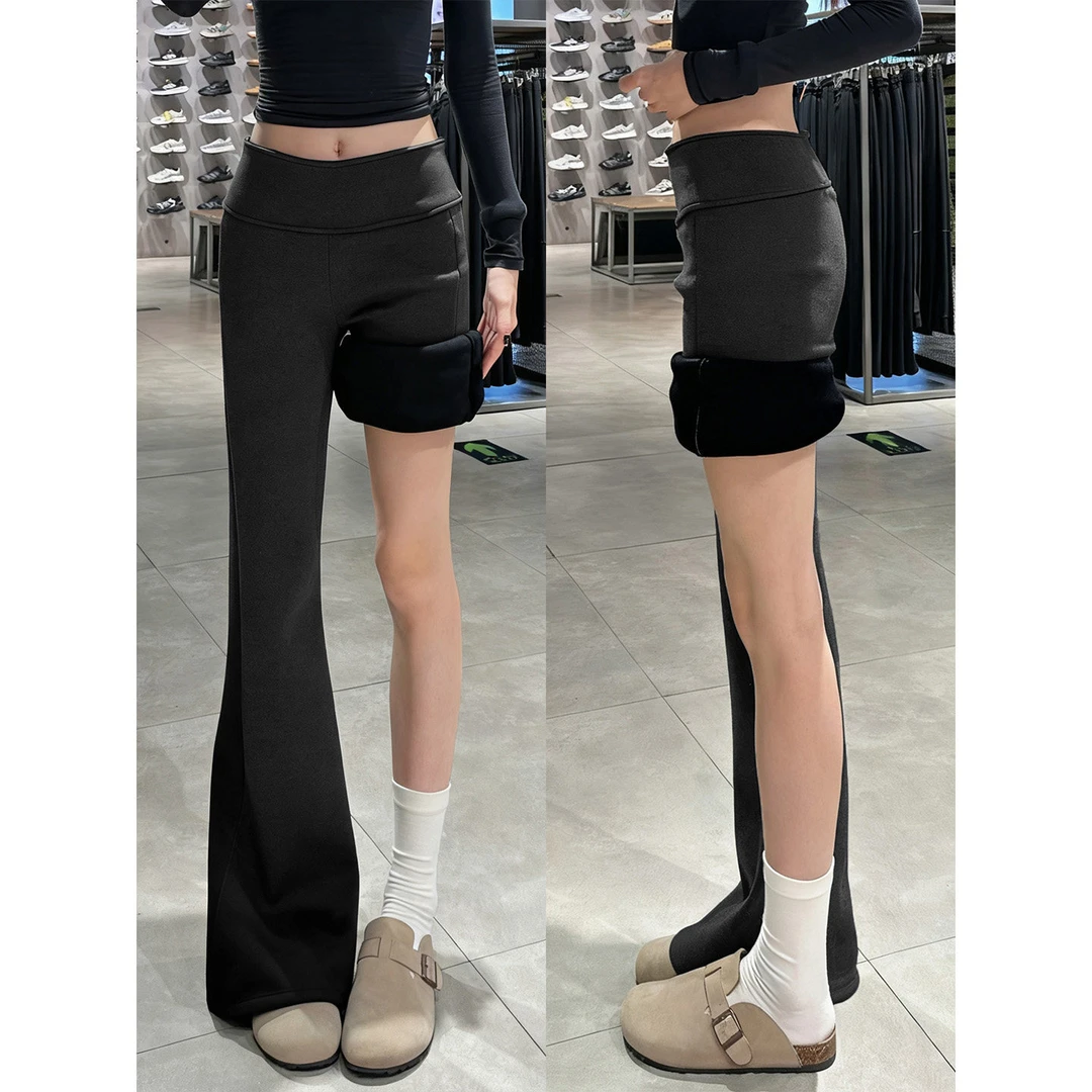 黑色加绒微喇叭裤女秋冬季高腰休闲小个子垂感修身显瘦休闲马蹄裤