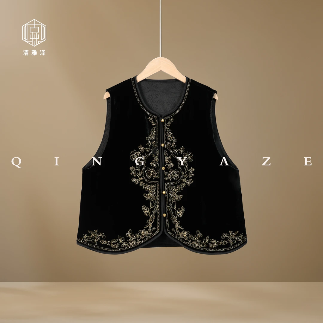 黑金如意！ 重工刺绣订珠真丝丝绒新中式马甲！GZ4805