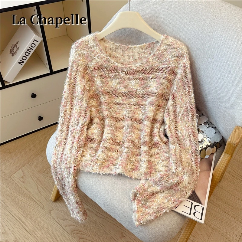 拉夏贝尔韩系撞色条纹慵懒风拼接毛衣女秋冬季宽松显瘦针织衫上衣
