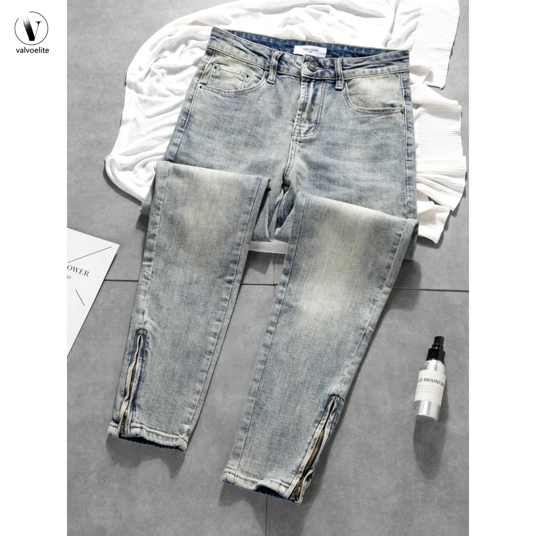 VALVOELITE秋季新潮流牛仔裤男士浅色高街小脚秋季防水束脚长裤