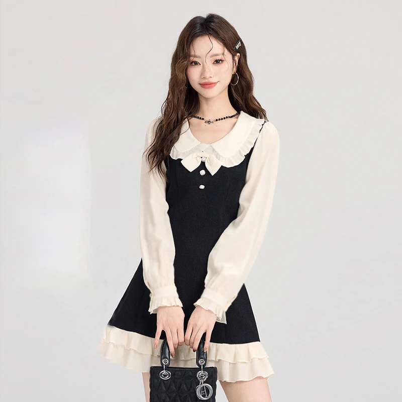 法式小香风娃娃领连衣裙女2025高级感气质显瘦a字短裙子D0283