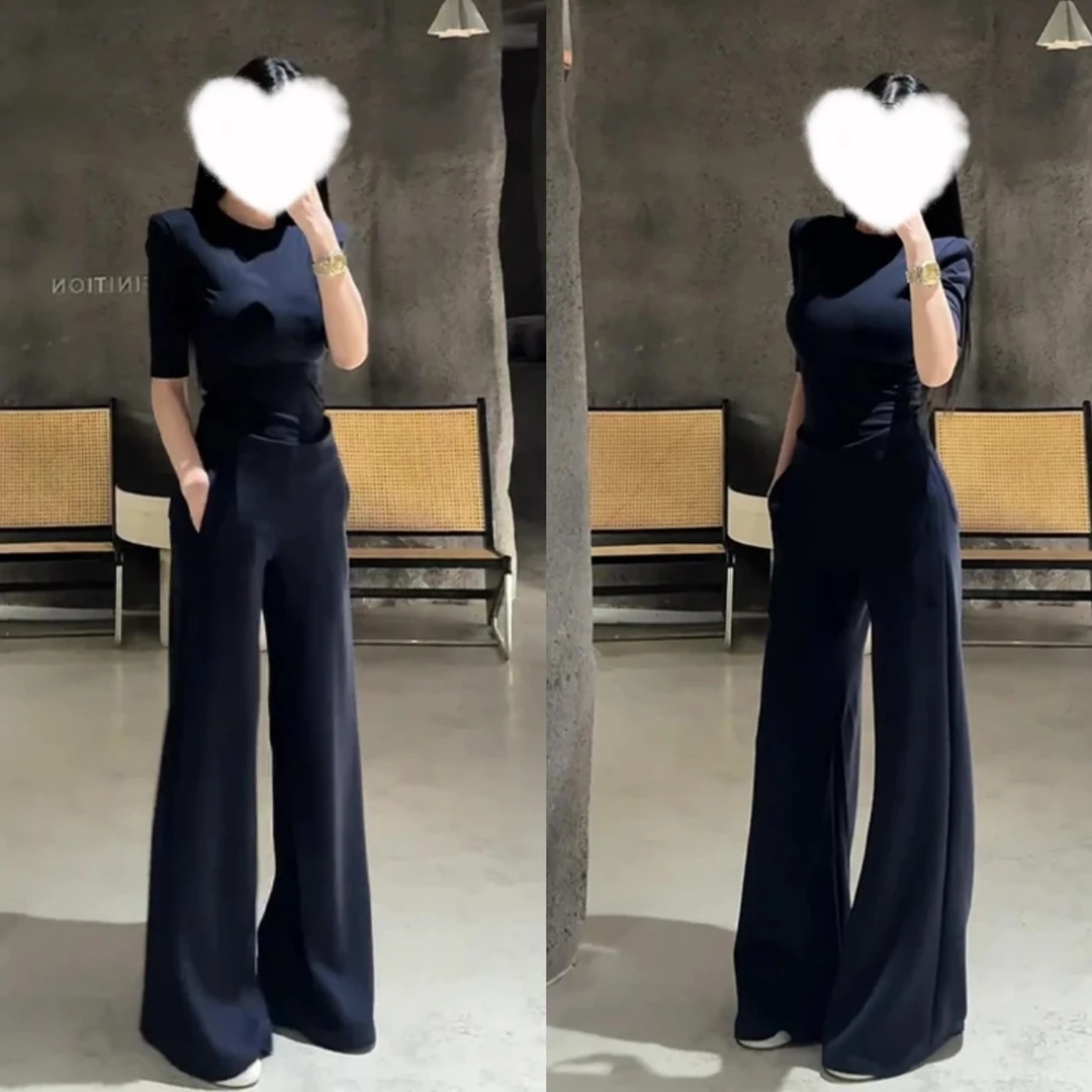 韩系气质显瘦减龄纯欲短袖T恤高腰黑色阔腿裤显瘦套装洋气穿搭