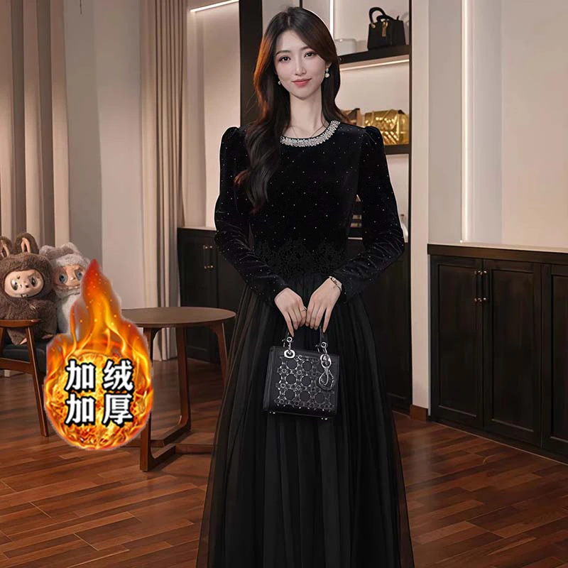 XH【有颜值】【加绒】【有里布】减龄中长款黑新款高腰宽松网纱裙LJ0130