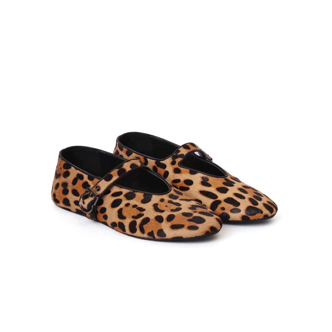 马毛豹纹复古玛丽珍2025早春新款圆头一字带单鞋女平底奶奶鞋