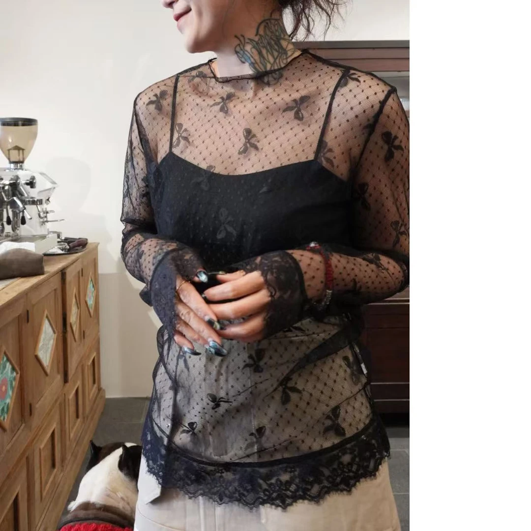 M4091161蝴蝶结网纱打底衫黑色修身时尚