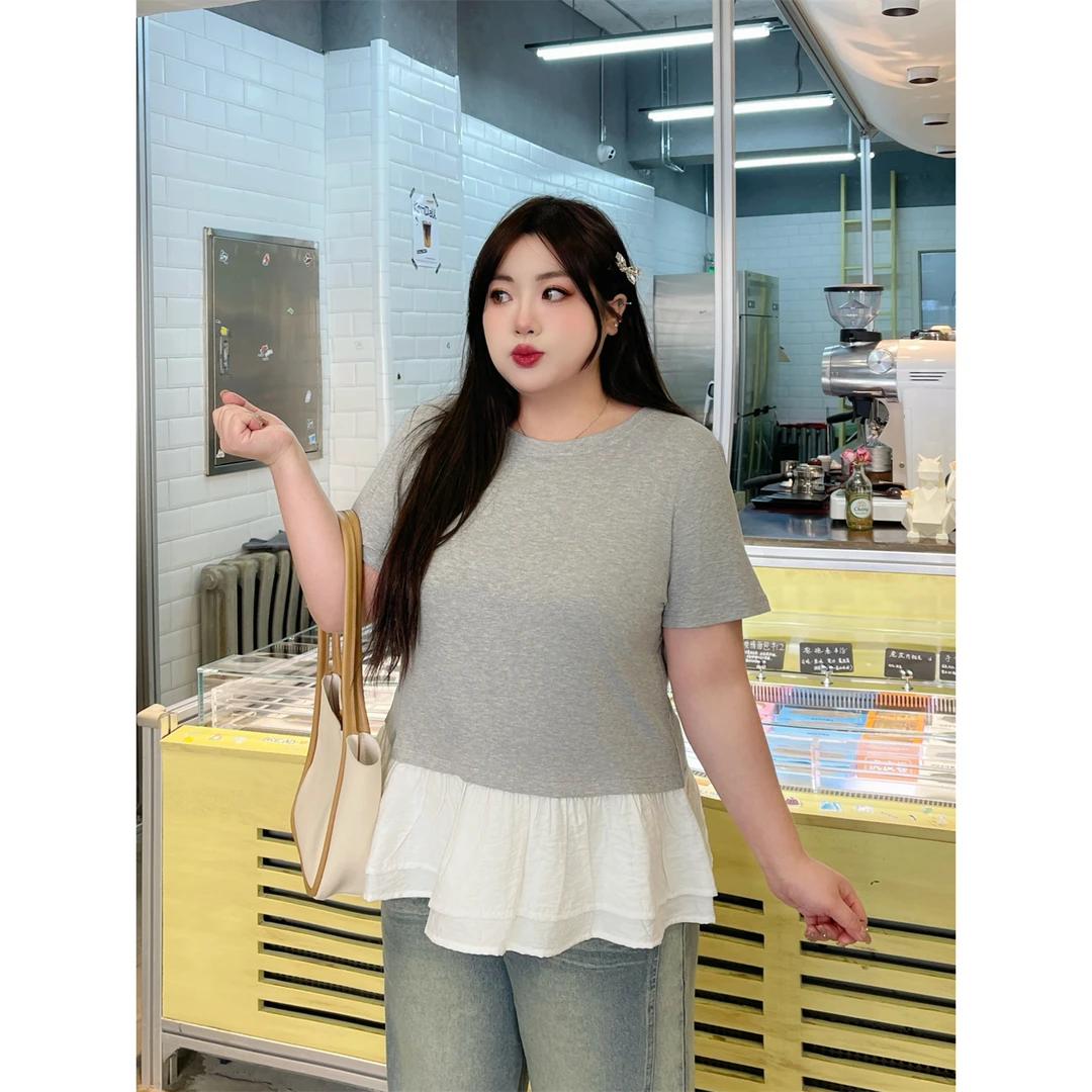 大码女装简约洋气花契200斤胖mm小香风假两件花边短袖T恤14155-C