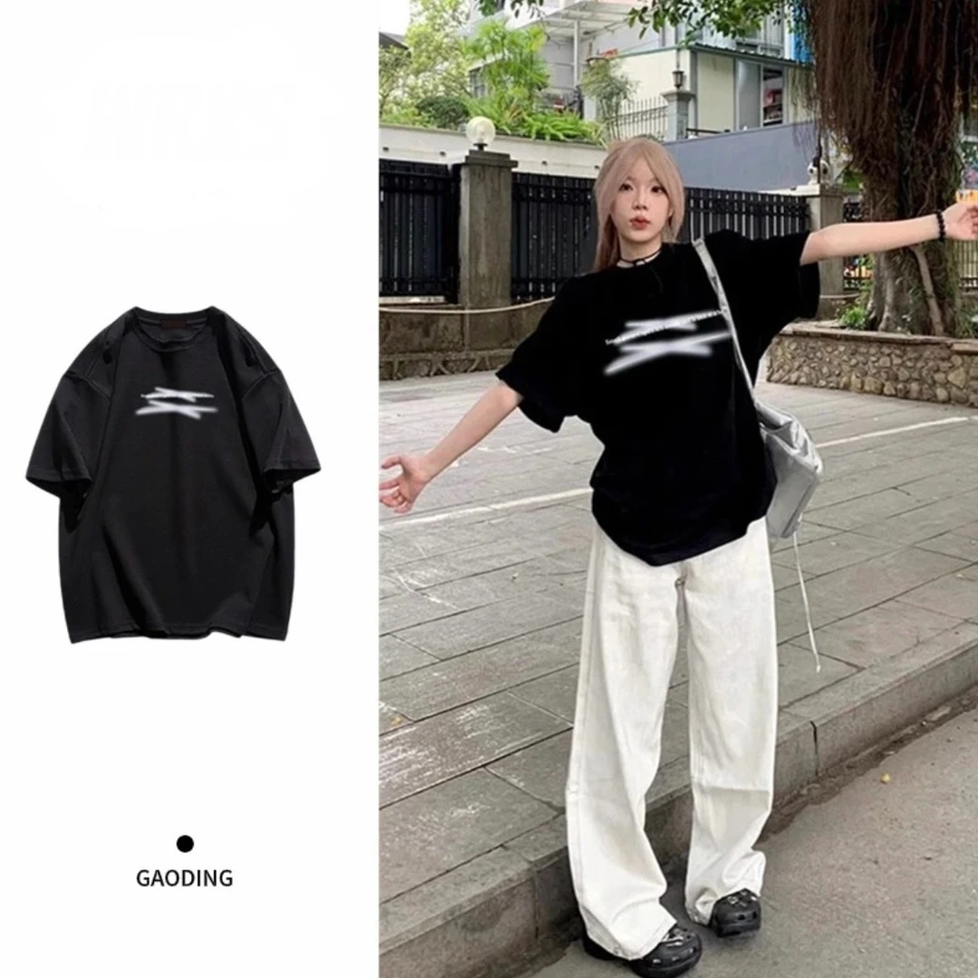 AZGO潮牌夏季宽松印花圆领ins百搭网红情侣设计感T恤（F）