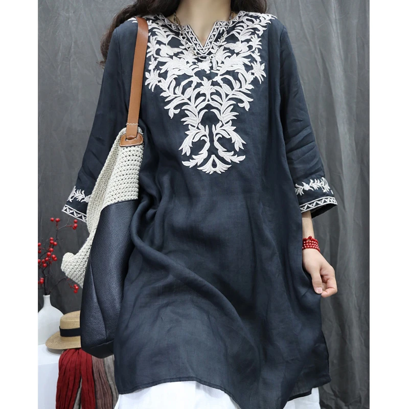 2025春夏复古苎麻重工刺绣文艺百搭上衣全包边宽松洋气中长款衬衫