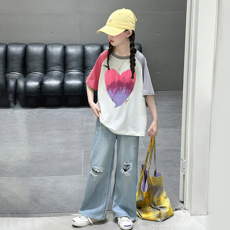 女童夏季短袖套装2025新款洋气时髦中大童儿童宽松拼袖爱心两件套