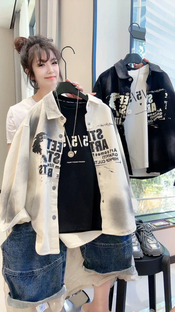 《纯棉衬衫外套》2025新款春秋季纯棉牛仔衬衫男女童学生衬衫夹克