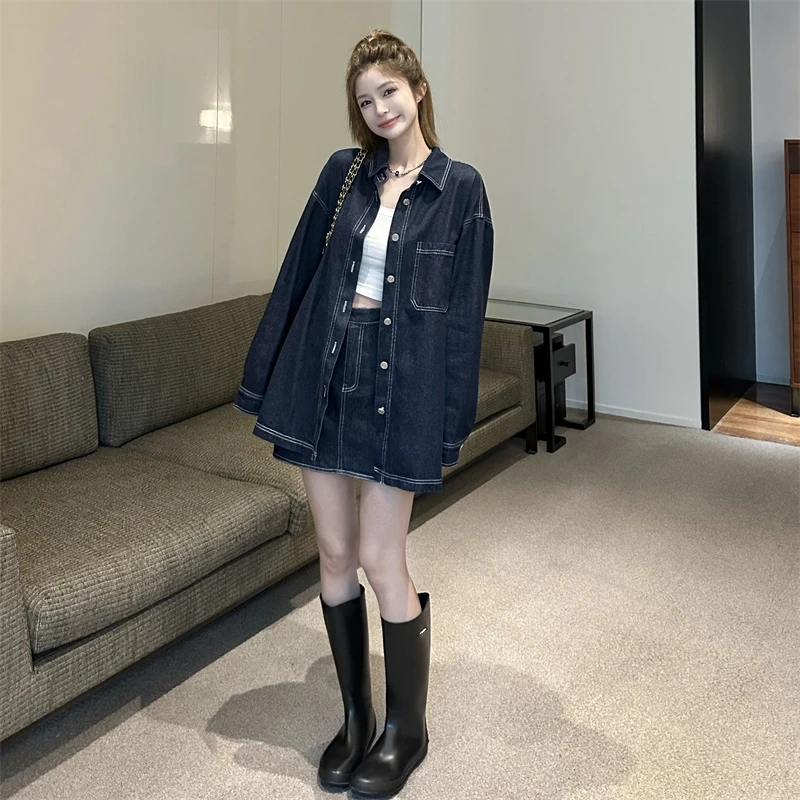 大码胖M牛仔外套女宽松上衣早秋时尚两件套牛仔短裙套装831