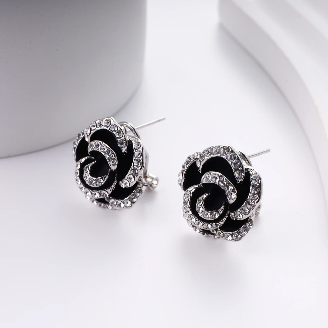 铜合金合成锆石耳饰 黑色山茶花百搭简约时尚耳环 AW75XKKC-1143