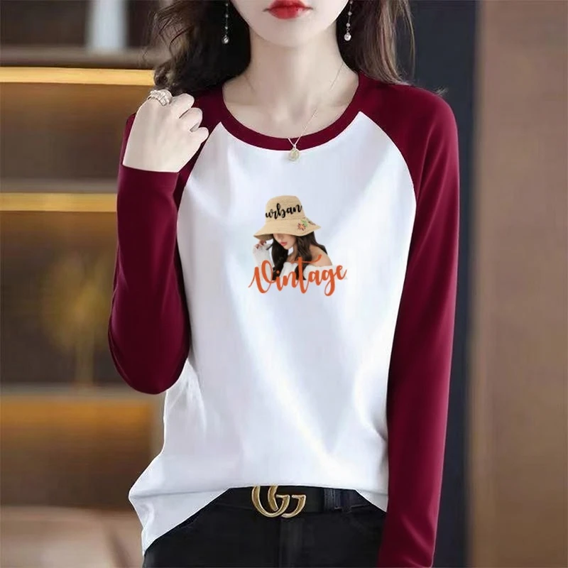 100%纯棉长袖t恤女秋季新款大码宽松休闲减龄撞色假两件圆领上衣