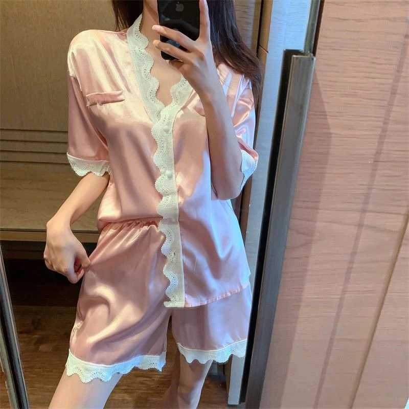ins薄款短袖蕾丝花边冰雪丝质睡衣女夏天精致感甜美可外穿家居服