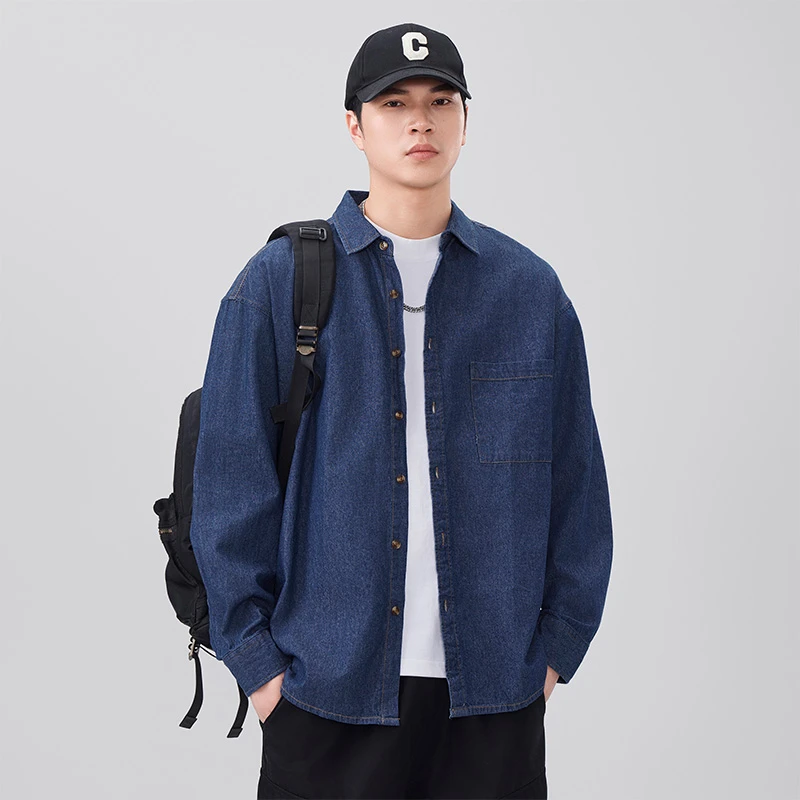 纯色男秋季长袖男士男士衬衫外穿男装复古衬衫翻领简约潮流