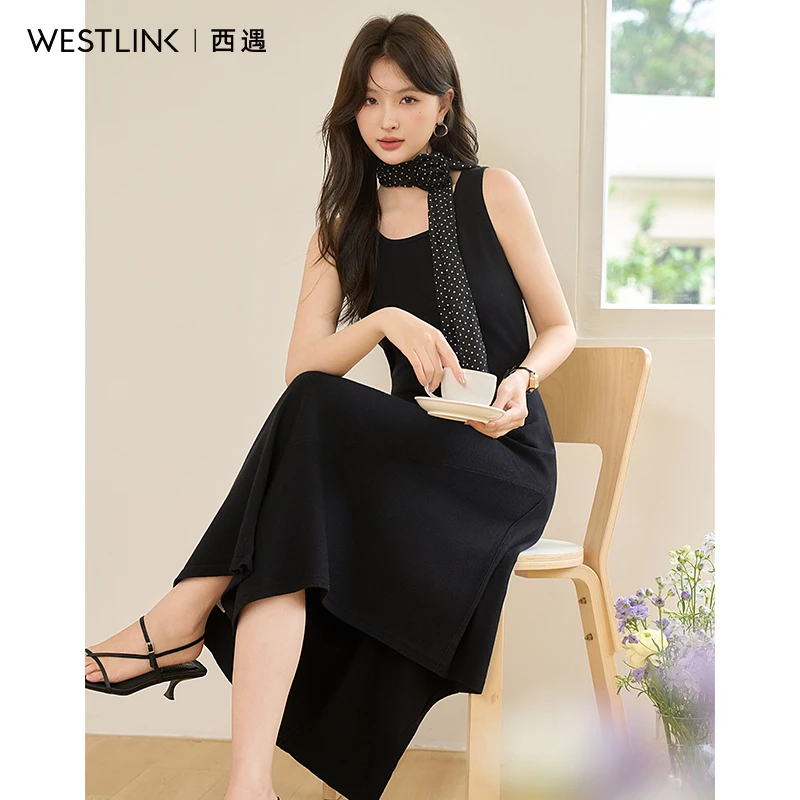 0394西遇黑色无袖连衣裙女2025年春季新款不规则下摆收腰吊带长裙