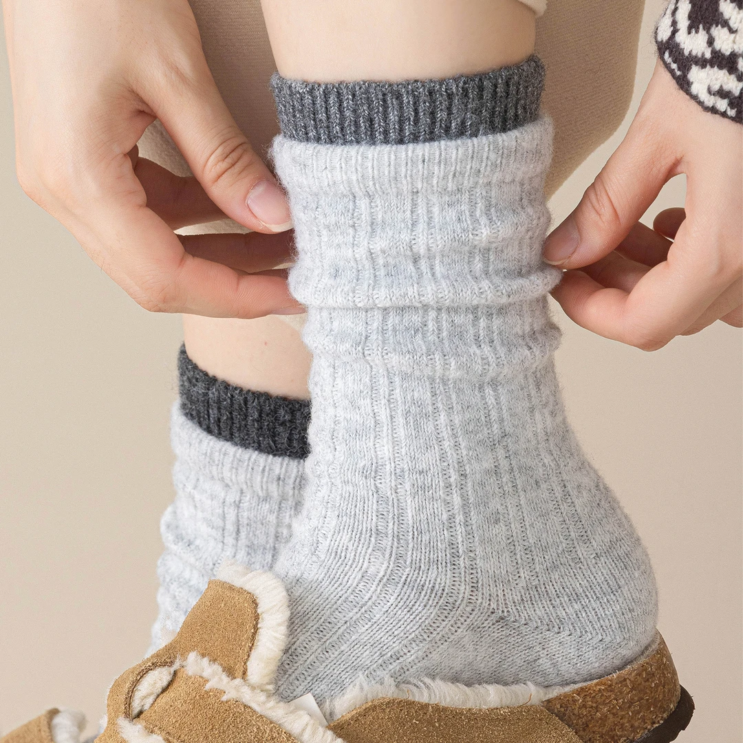 羊毛袜子女秋冬款加厚保暖堆堆袜灰色吸汗防臭月子长袜冬天中筒袜