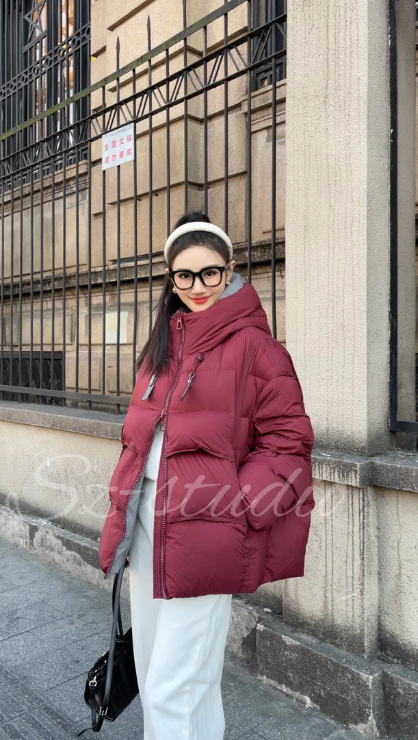 【氧气少女】红人上新雅丹风90白鸭绒长款连帽羽绒服拼接羽绒服yy