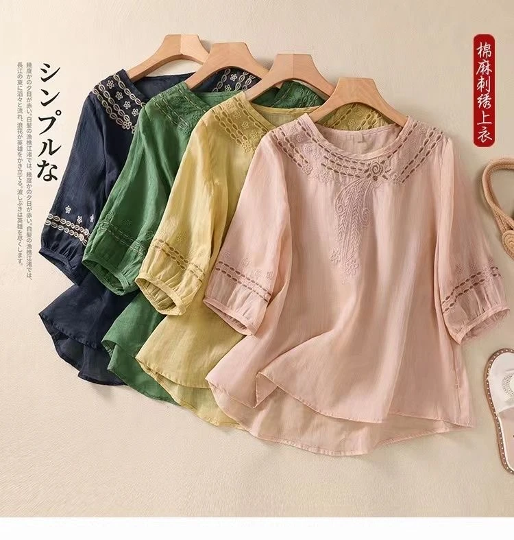 YOYOGALI 291棉麻文艺五分复古刺绣新款立领T恤B2