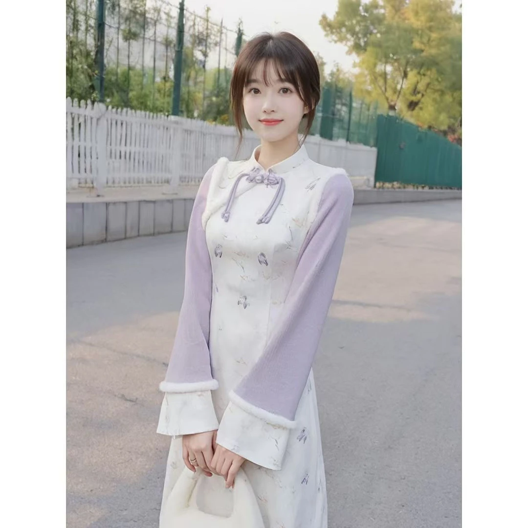 大码胖MM秋冬新中式连衣裙长旗袍秋冬假两件低领花纹气质新中式